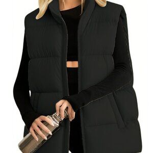 Oversized Puffer Vest Zip Up Lightweight Stand Collar Side Pockets